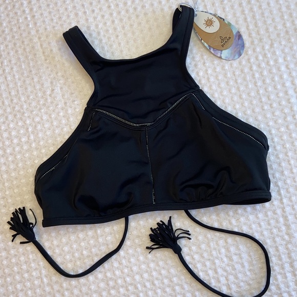 Prana Swim New Prana Azra Top Black High Neck Halter Bikini Top Xs Racerback Tassel Ties